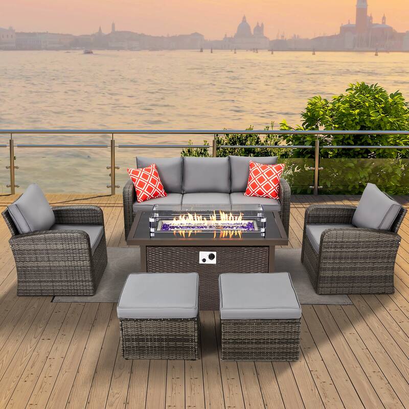 6-Piece Rattan Patio Set with Fire Pit Table, Outdoor Conversation Set with Cushions, Weather-Resistant Sofa Sectional - With Fire Pit Table - Grey
