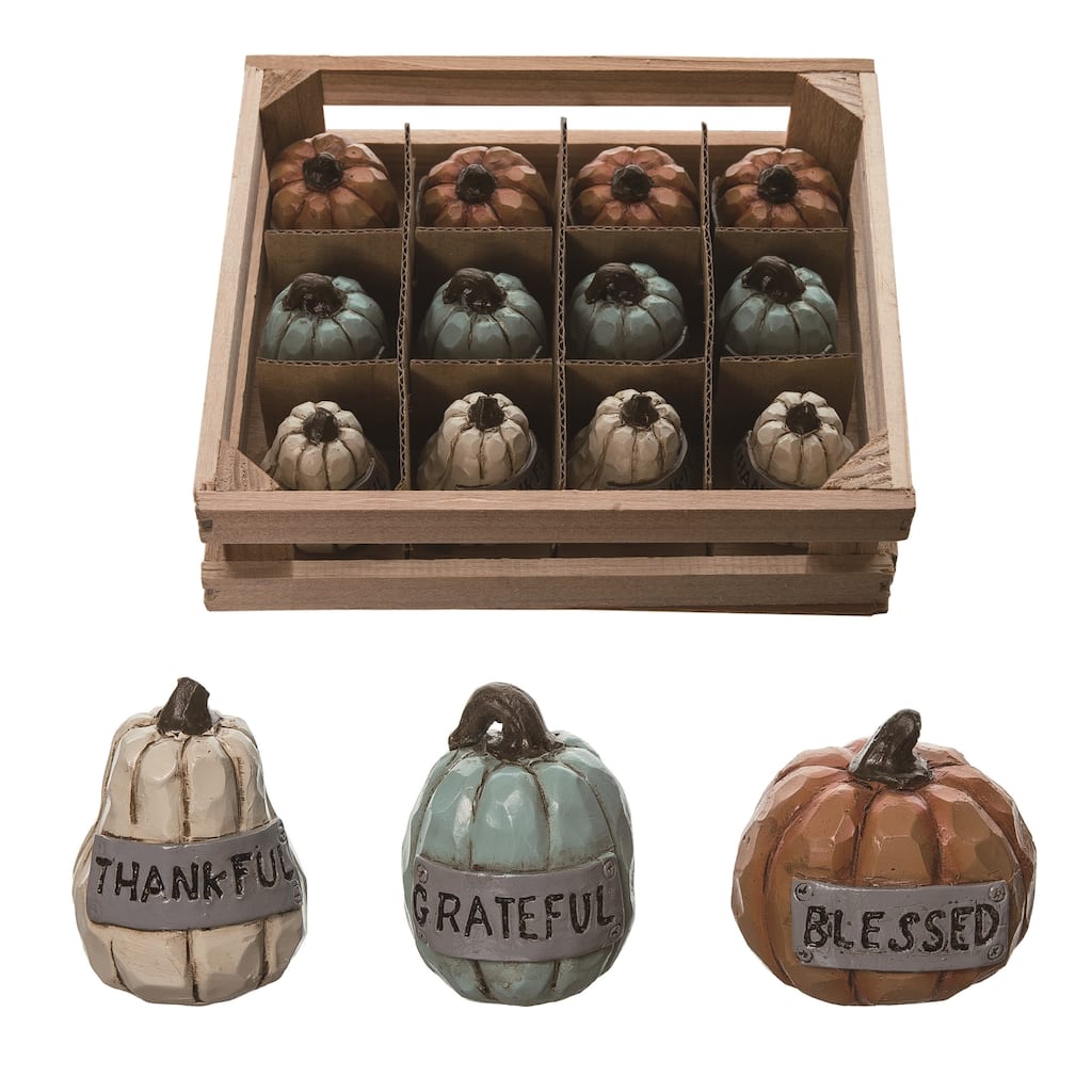 Transpac Resin 5.75 in. Multicolor Harvest Sentiment Pumpkins with Crate Set of 12