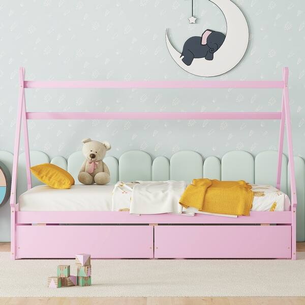 slide 2 of 9, Twin House Platform Bed with 2-Drawers, Headboard & Footboard, Easy Assembly, Pink Pink