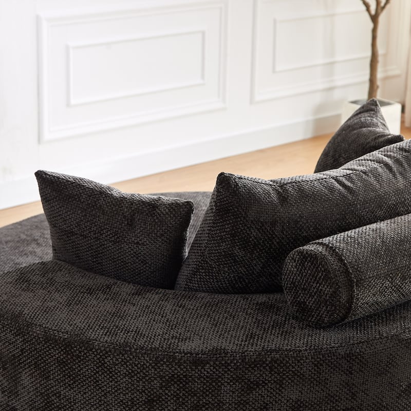 Oversized Swivel Barrel Chair, Chenille Upholstered Round Armchair, Single Sofa Chair with Headrest & 3 Cozy Pillows