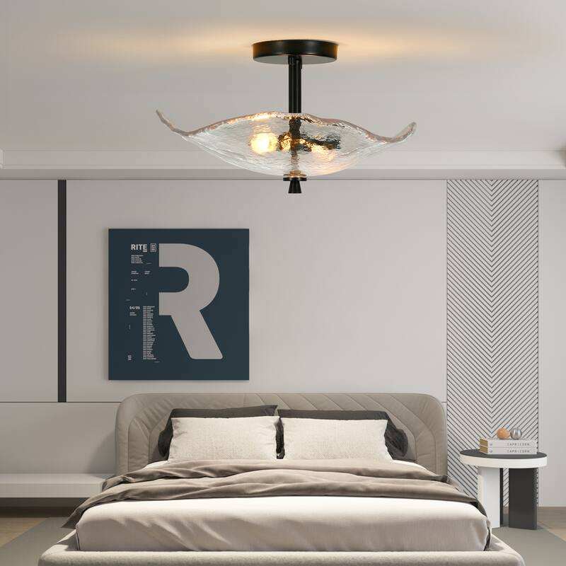 Modern Recessed Ceiling Light Hallway Light Dining Table Light Kitchen Island Light with Water Ripple Glass Shade, Black