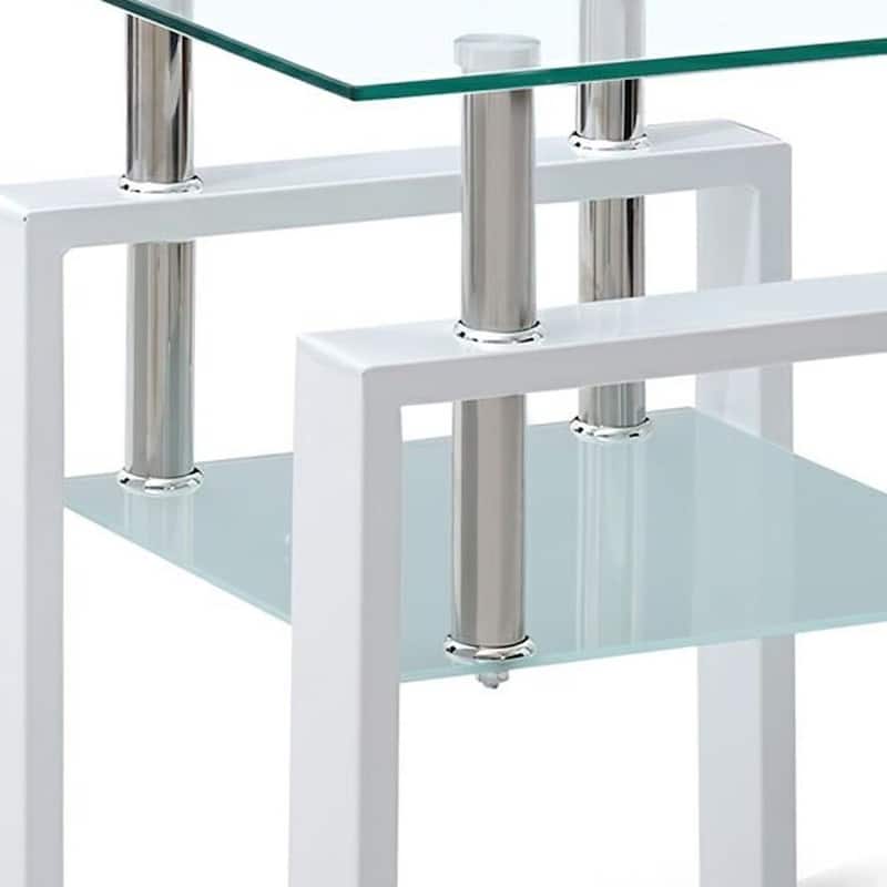 HomeRoots Set of Two Clear and White Glass and Metal Square End Tables With Shelf - 17.71 in. x 20.47 in. x 17.71 in.
