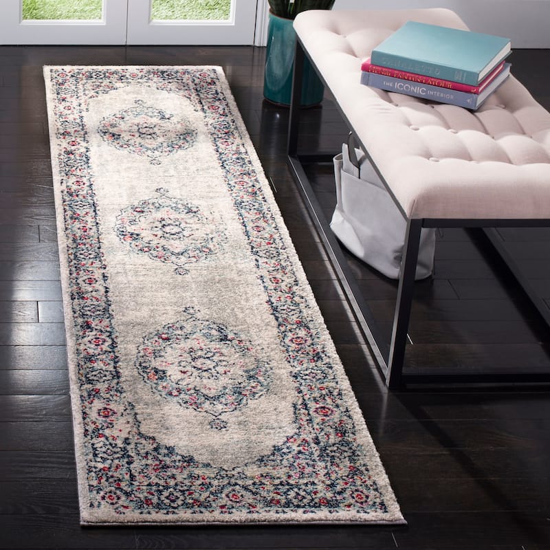 SAFAVIEH Madison Lorayne Vintage Boho Oriental Medallion Rug - 2' x 8' Runner - Light Grey/Fuchsia