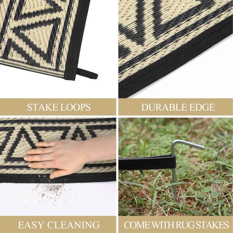 Outdoor Rug Waterproof Patio Rug Mat Geometric Rug Plastic Straw Outside Rug for RV Camping Picnic Reversible Rug