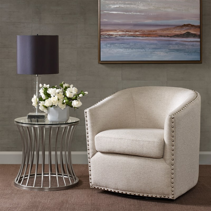 Madison Park Tyler Upholstered Swivel Barrel Chair with Nailheads - Single - Natural Multi