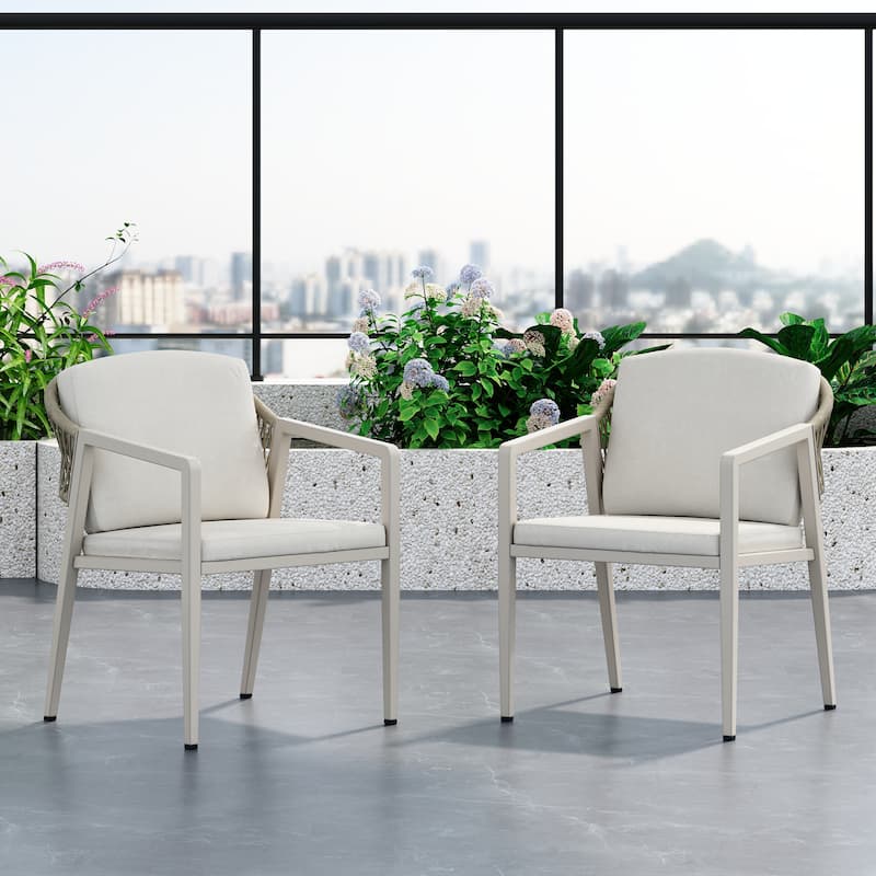 Outdoor Dining Chairs Set of 2, Patio Wicker Rattan Armchairs with Waterproof Cushions for Backyard, Poolside, Balcony - Beige+Grey