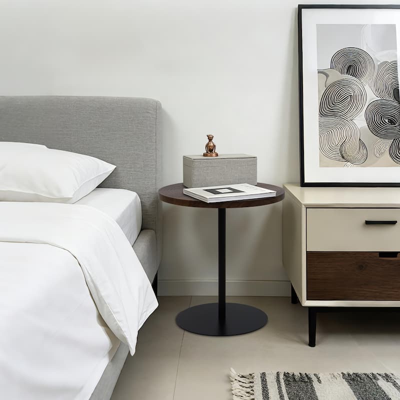 Set of 2 Small Round Side Table Wooden Concentric Circles Coffee Table for Two Metal Pedestal Nightstand for Corner Small Space