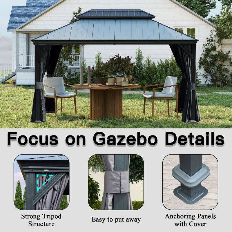 Domi 10x14FT Resin Hardtop Gazebo with Drainage Gutter, 2025 Upgraded Outdoor Metal Gazebo Canopy with Double Roof