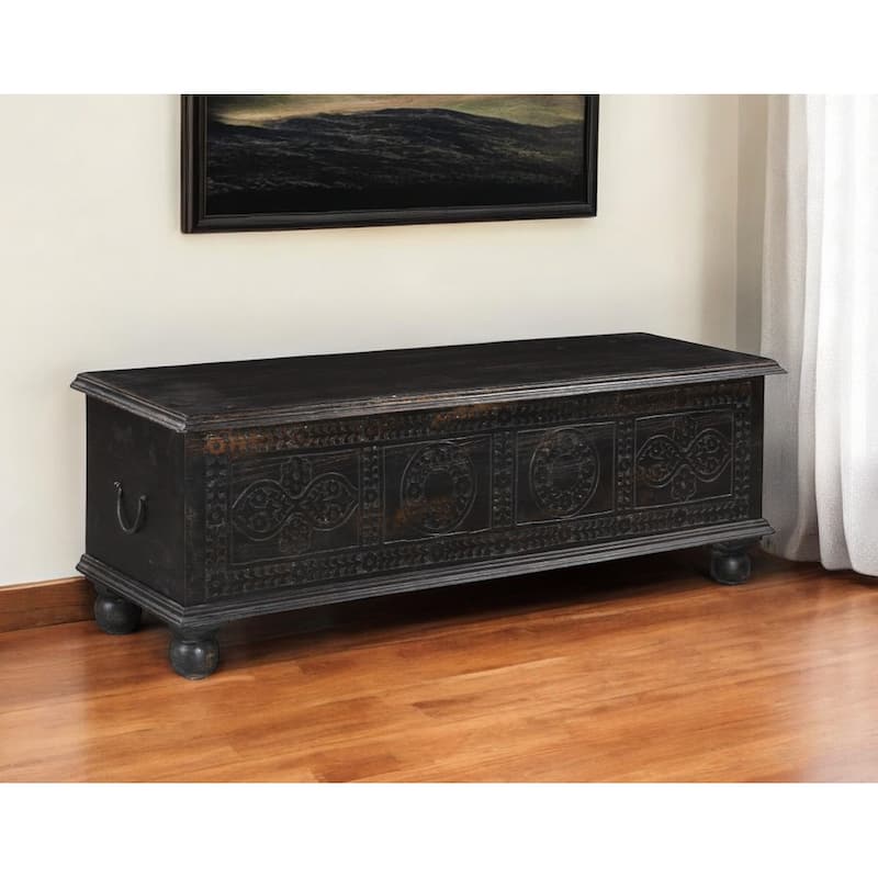 HomeRoots 54" Black Solid Wood Distressed Lift Top Solid Coffee Table - 54.00 in. x 16.00 in. x 18.00 in.