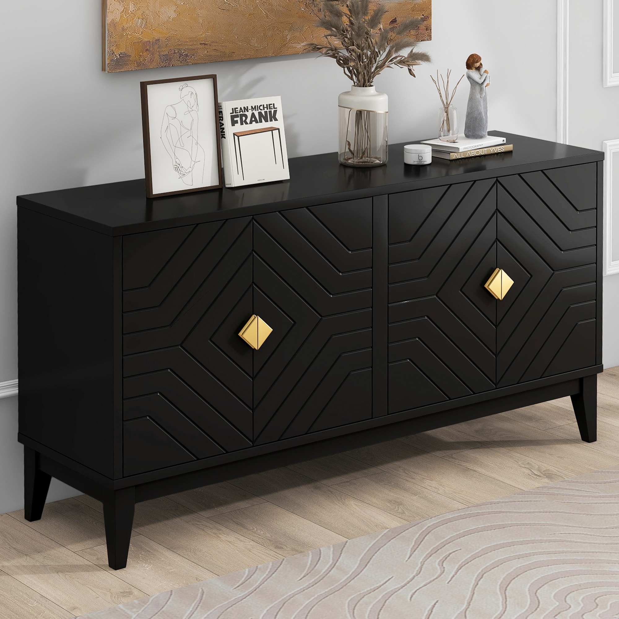 Roomfitters 4-Door Sideboard Storage Cabinet with Two Large Cabinets, Gold Handles and Adjustable Shelf, Black