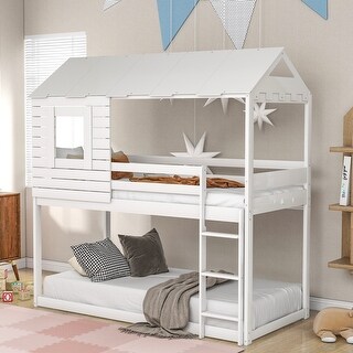 Modern Twin Over Twin Bunk Bed Wood Loft Bed with Window, Full-length Guardrail, Ladder Roof