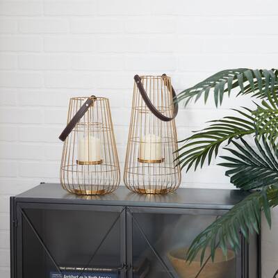 Gold Metal Decorative Candle Lantern with Leather Straps (Set of 2) - 8 x 8 x 16