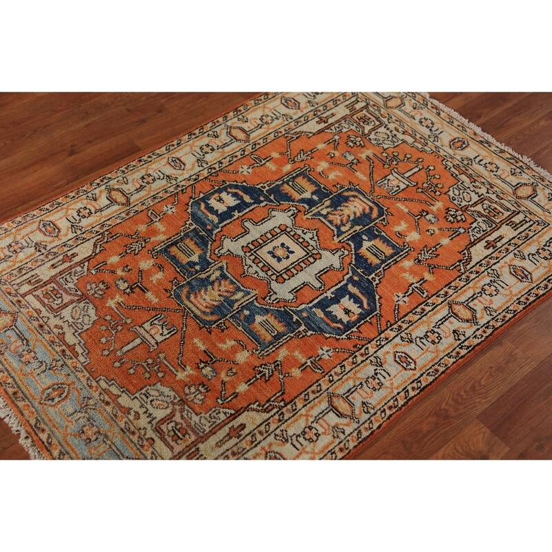 Vegetable Dye Medallion Heriz Serapi Oriental Rug Handmade Wool Carpet - 3'1"x 4'6"