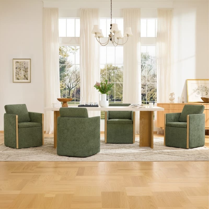 Spruce & Spring Modern Chenille Dining Chair with Casters, Wood Inlay & Hidden Storage - Set of 4 - Green