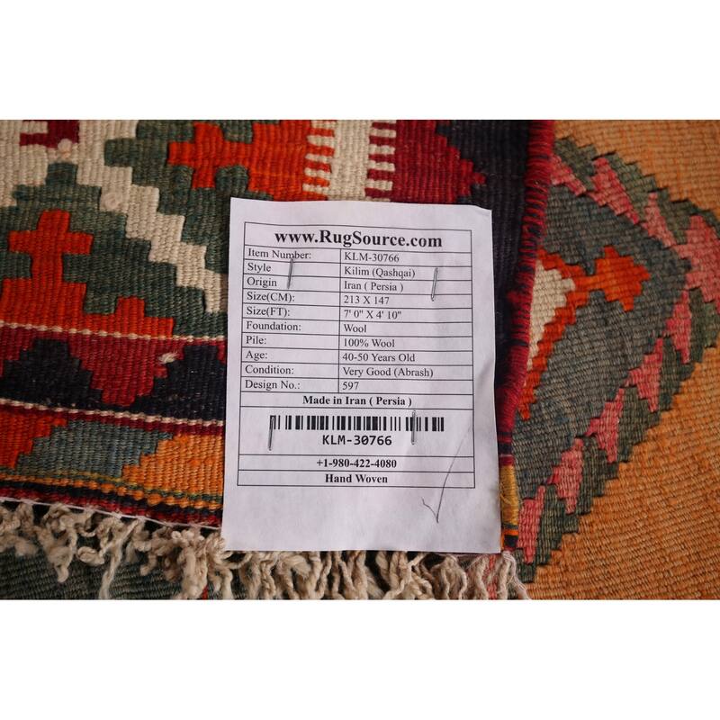 Red Kilim Qashqai Persian Vintage Area Rug Flatweave Wool Carpet - 4'10"x 7'0"
