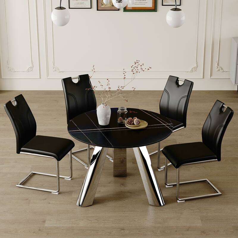 Modern 5-Piece Dining Table Set with PU Leather Chairs, Kitchen Table Set with Round Table for Dining Room