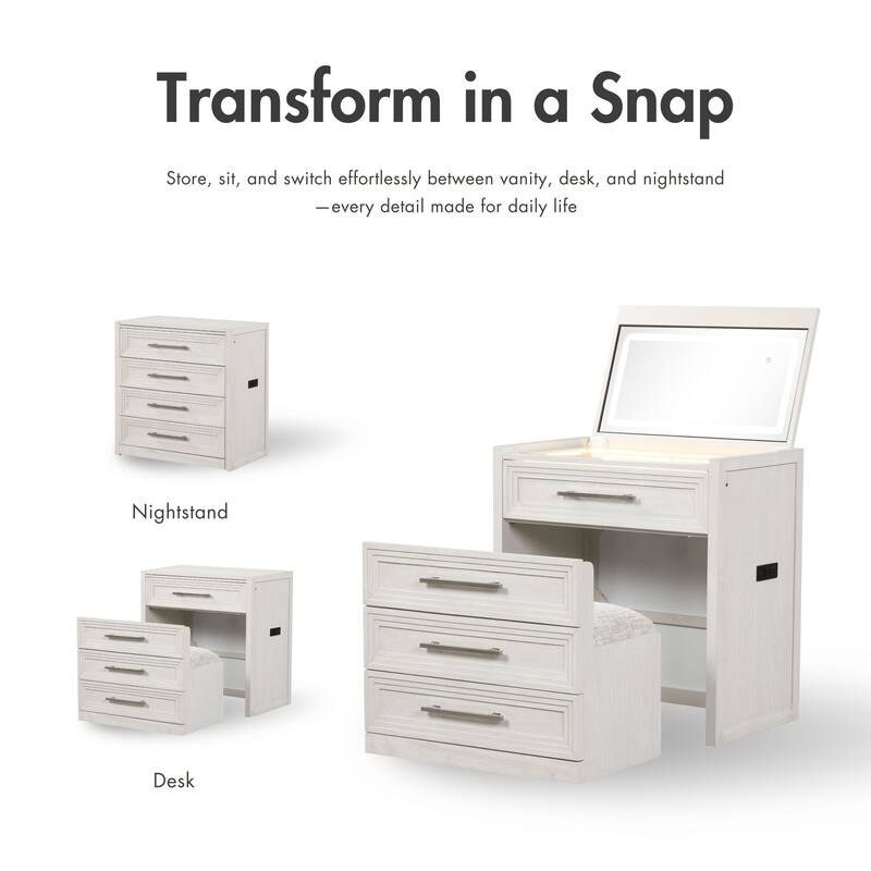 Furniture of America Elettra Modern Wood White Vanity Set with Storage Stool