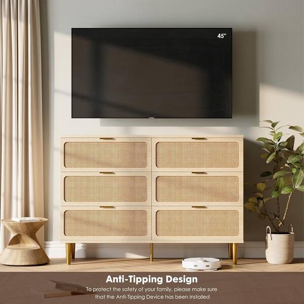 6 Drawer Dresser for Bedroom, Rattan Chest of Drawers