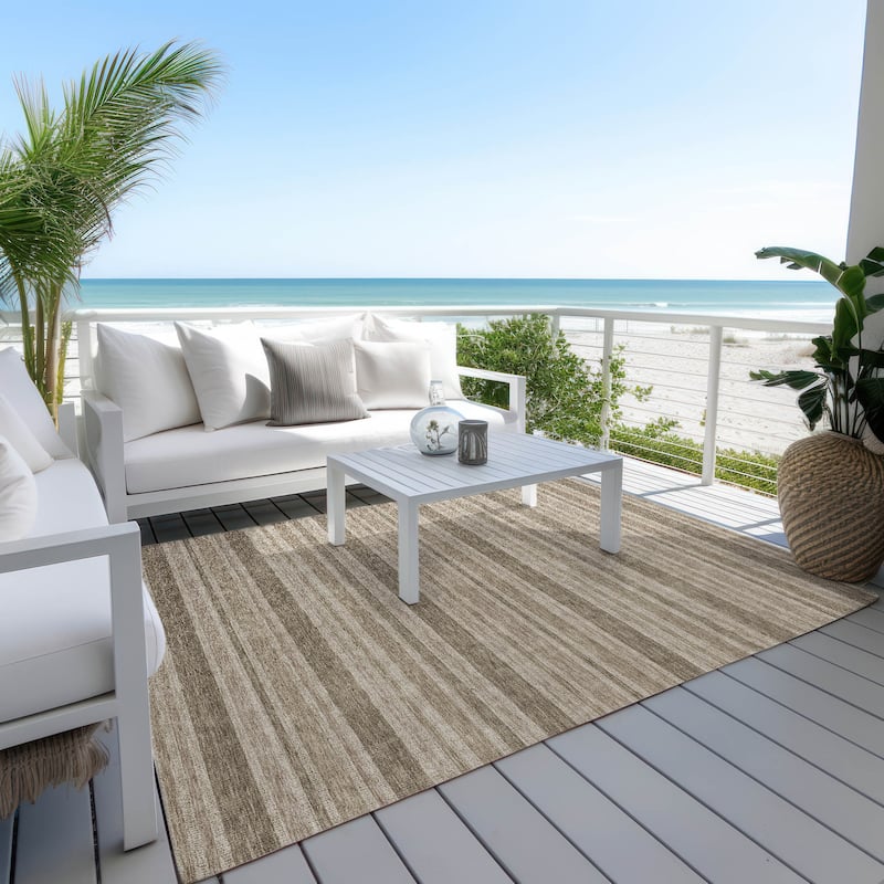 Machine Washable Indoor/ Outdoor Thin Cabana Stripe Chantille Rug - Taupe - 5' x 7'6"