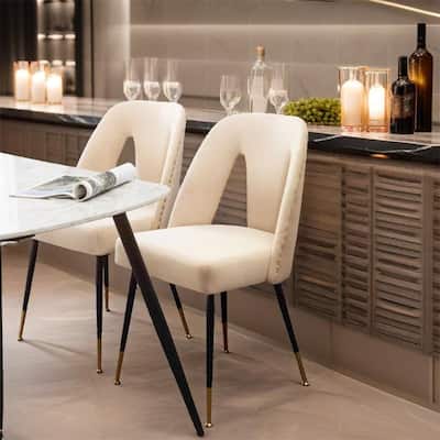 Velvet Upholstered Dining Chair w/ Nailheads and Metal Legs（Set of 2) - N/A