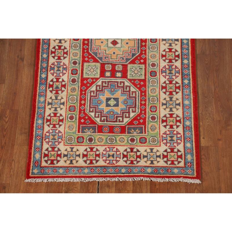 Geometric Kazak Runner Rug Hand-Knotted Oriental Red Wool Carpet - 2'9" x 9'11"