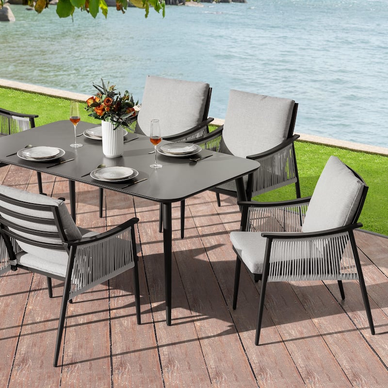7-Piece Aluminum and Textilene Rope Dining Set with Tempered Glass Tabletop