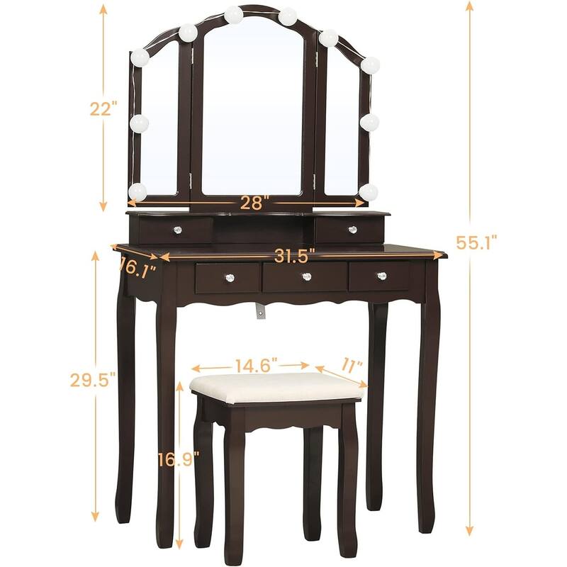 Vanity Desk Set Makeup Vanity Lighted Tri-fold Mirror and Stool