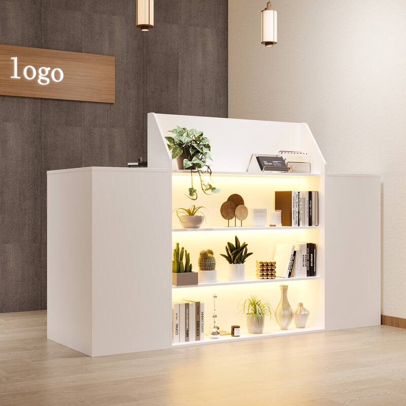 Reception Desk Checkout Counter with LED Display Shelves, Locking Drawer and Storage Cabinets