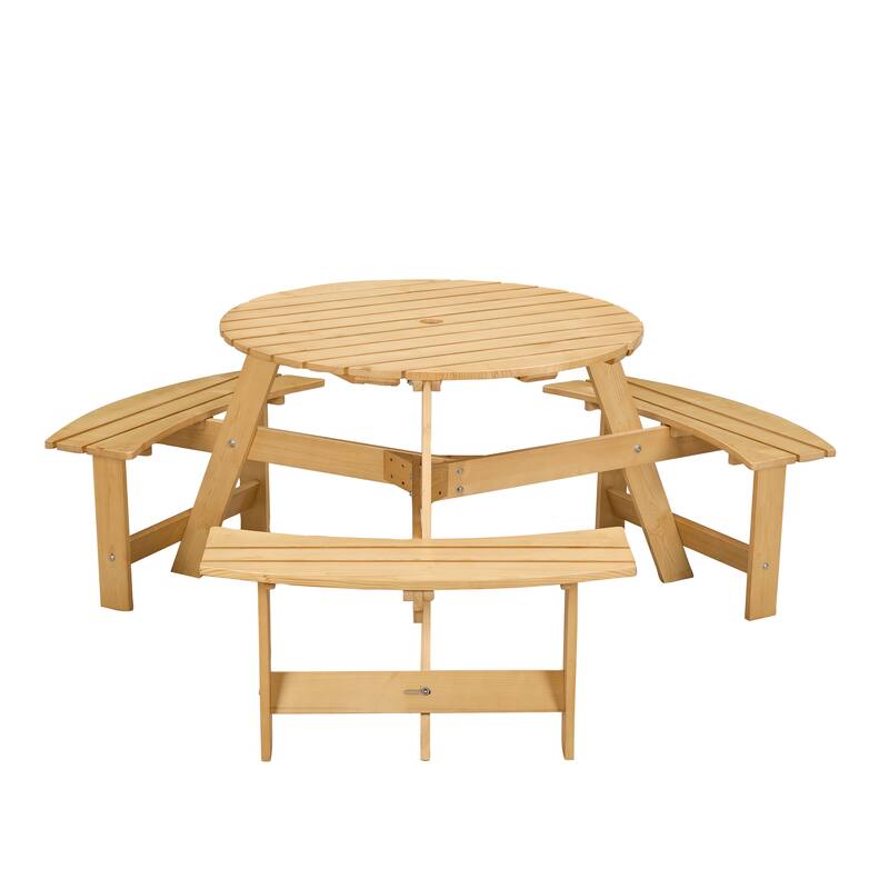 6-Person Outdoor Patio Wooden Round Picnic Table with 3 Built-in Benches and Umbrella Hole