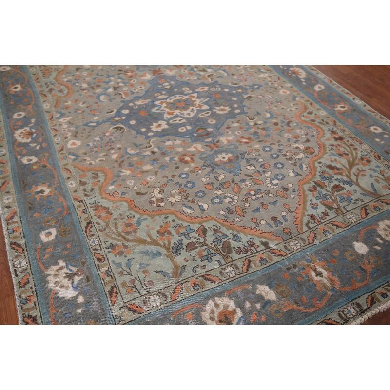 Distressed Tabriz Persian Vintage Area Rug Handmade Grey Wool Carpet - 6'8" x 9'8"