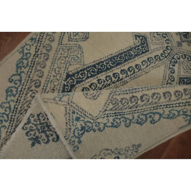 Hand Knotted Oriental 100% Wool Carpet Modern Geometric Beige & Ivories Contemporary Runner Rug - 9' 0'' X 2' 3''