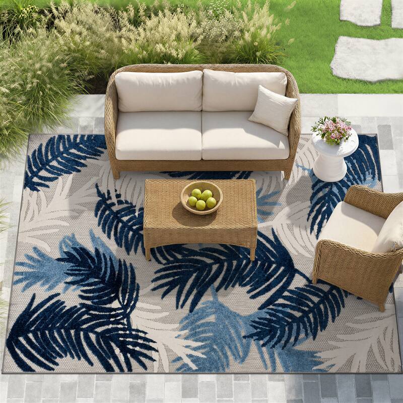 World Rug Gallery Tropical Floral Modern Indoor/Outdoor Area Rug - 8'8" x 12' - Navy