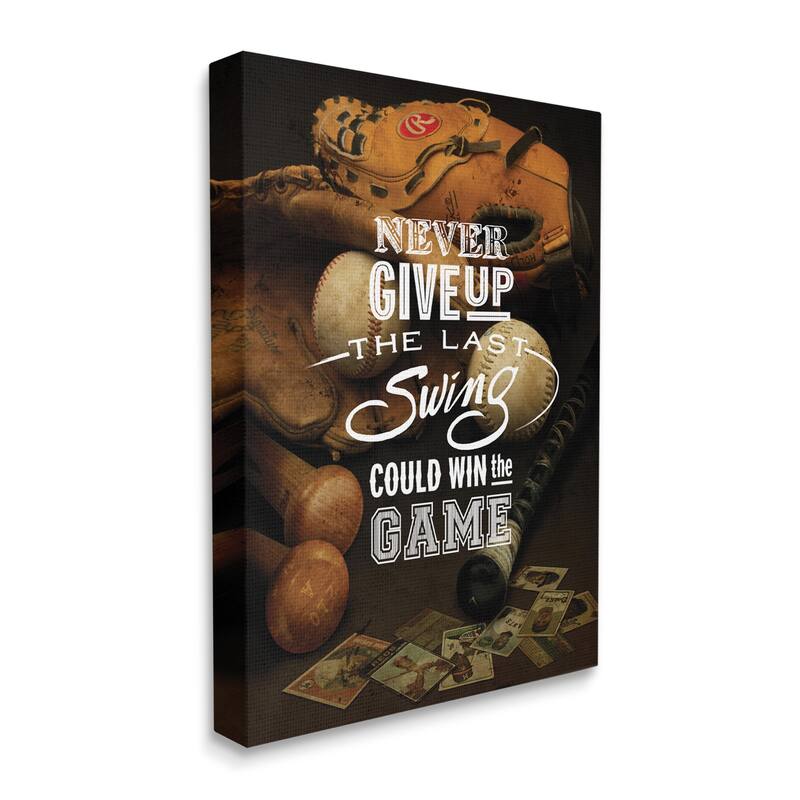 Stupell Never Give Up Phrase Baseball Cards Glove Bat Canvas Wall Art - Brown - 16 x 20