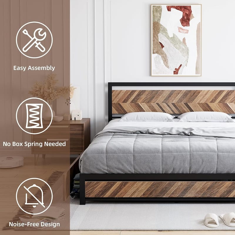 Metal Platform Bed Frame with Rustic Vintage Wood Headboard