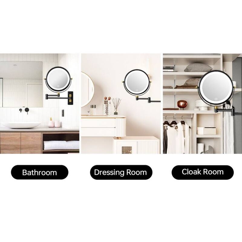 360° Swivel Wall Mounted Makeup Mirror with LED Lights & Extension Arm, 8.6"/8"in. Double Sided 1X/10X Magnifying Mirror