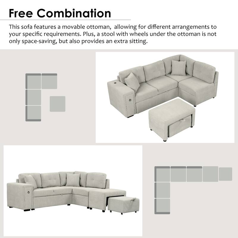 L-Shaped Sleeper Sofa with Storage Drawer, Movable Ottoman, USB Ports, and Cup Holder Table