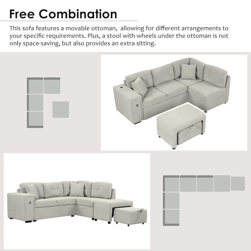 86.6" L-shaped Sleeper Sofa Bed Set with Ottoman and Cup Holders