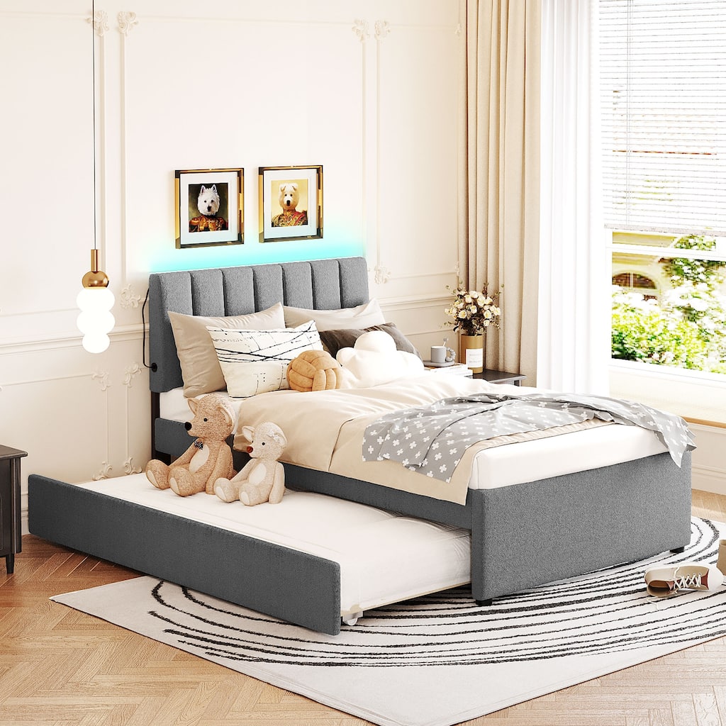 Twin/Full/Queen Teddy Fleece Upholstered Platform Bed with Trundle and LED Lights - Space-Saving & Stylish Design