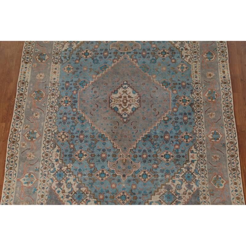 Blue Over-Dyed Tabriz Persian Vintage Rug Hand-Knotted Wool Carpet - 6'9"x 9'9"