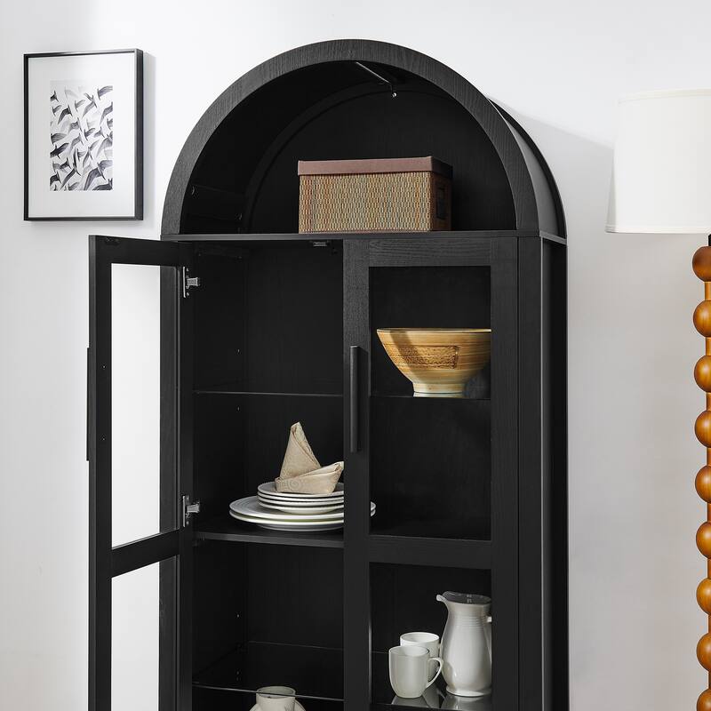 Roomfitters Arched Display Cabinet with Glass Doors, Modern Wooden Storage Cabinet with Adjustable Shelves for Entryway
