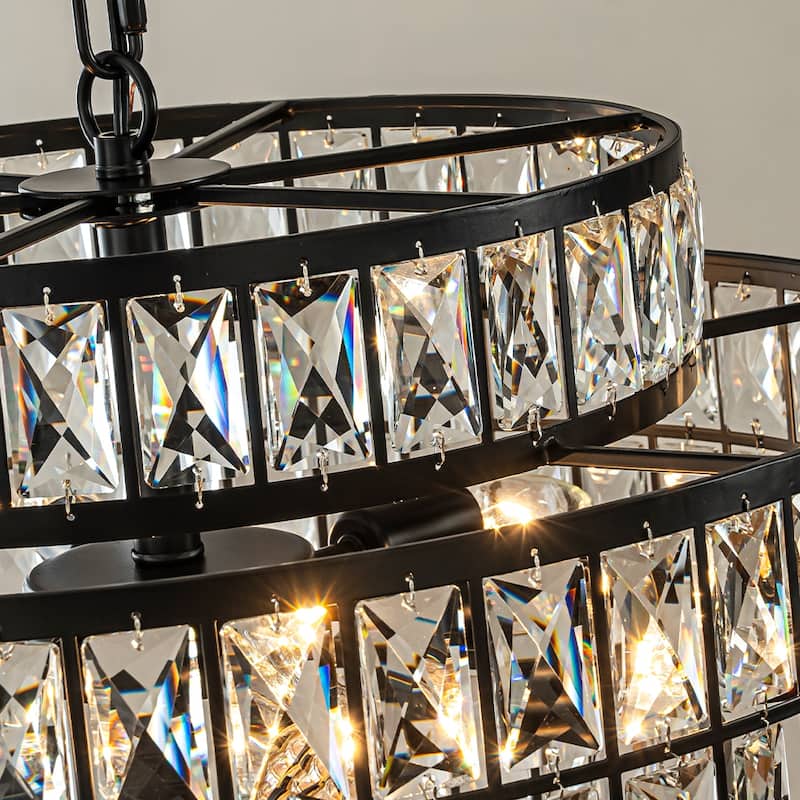 Modern Crystal Chandelier Matte Black Finish Tiered Drum Pendant Light for Small Spaces Dining Room Entryway
