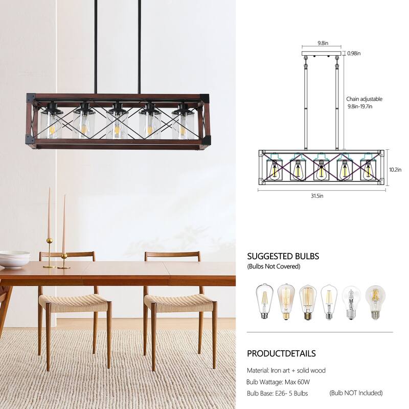 32" Wood Industrial Farmhouse Rectangle Pendant Light, 5-Light Chandelier with Lampshade for Dining Room (No Bulbs)