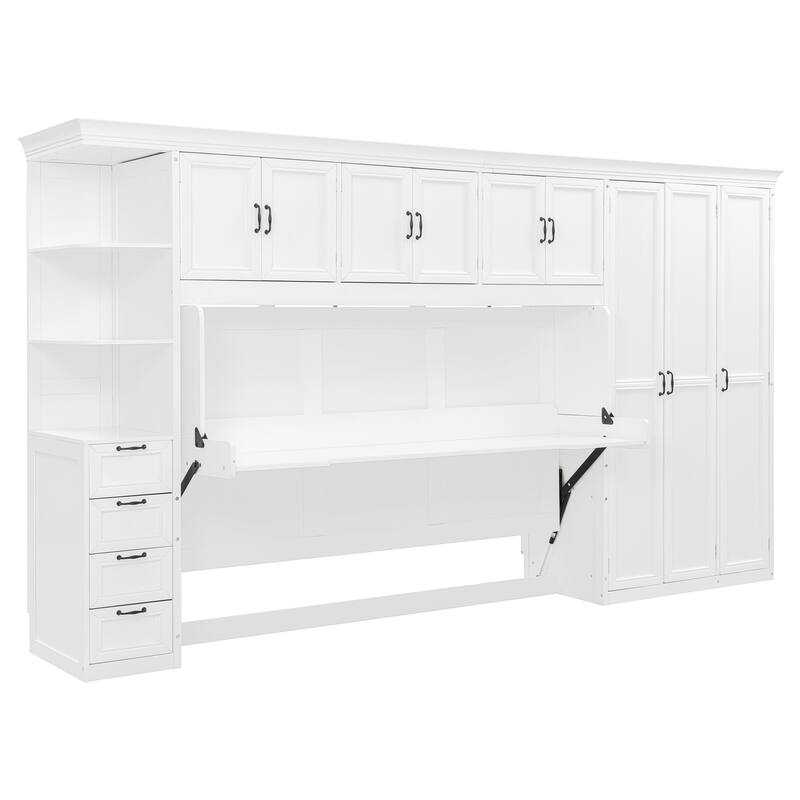 Twin Size Murphy Bed Wood Wall Bed with Wardrobe Desk Cabinet and Drawers, Murphy Bed with Workstation for Studio Apartment