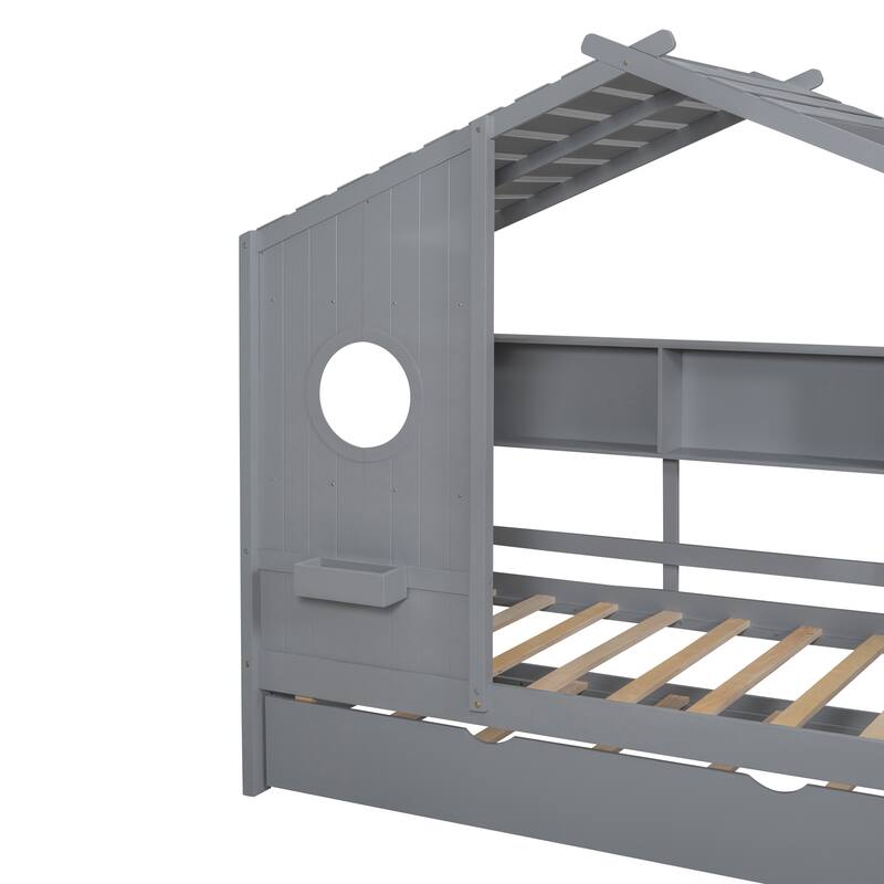 Wooden Platform Bed with Trundle and Storage Shelf