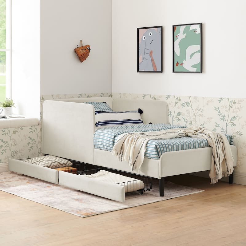 Roomfitters Twin/Full Upholstered Platform Bed with Side Backrest and Underbed Storage Trundle