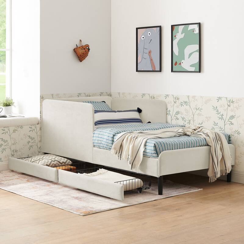 Twin Size Upholstered Platform Bed Frame With 2 Storage Drawers, Adjustable Velvet Sofa Bed