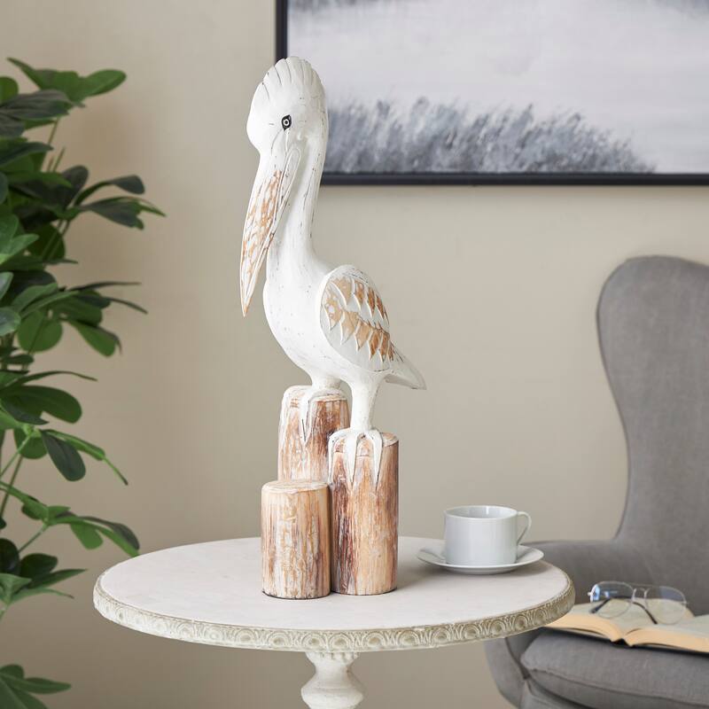 White Wood Handmade Distressed Pelican Decorative Sculpture with 3 Brown Posts - White
