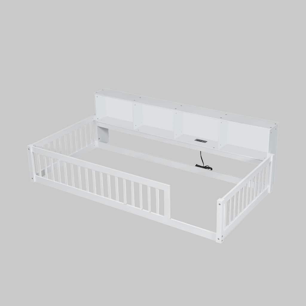 Wood Twin XL Floor Bed with Storage Shelves, USB Ports, and Sturdy Construction, Easy Assembly