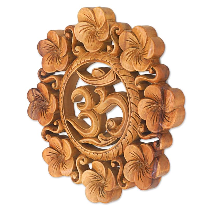 Handmade Blooming Om Suar Wood Wall Relief - 1" H x 11.5" D