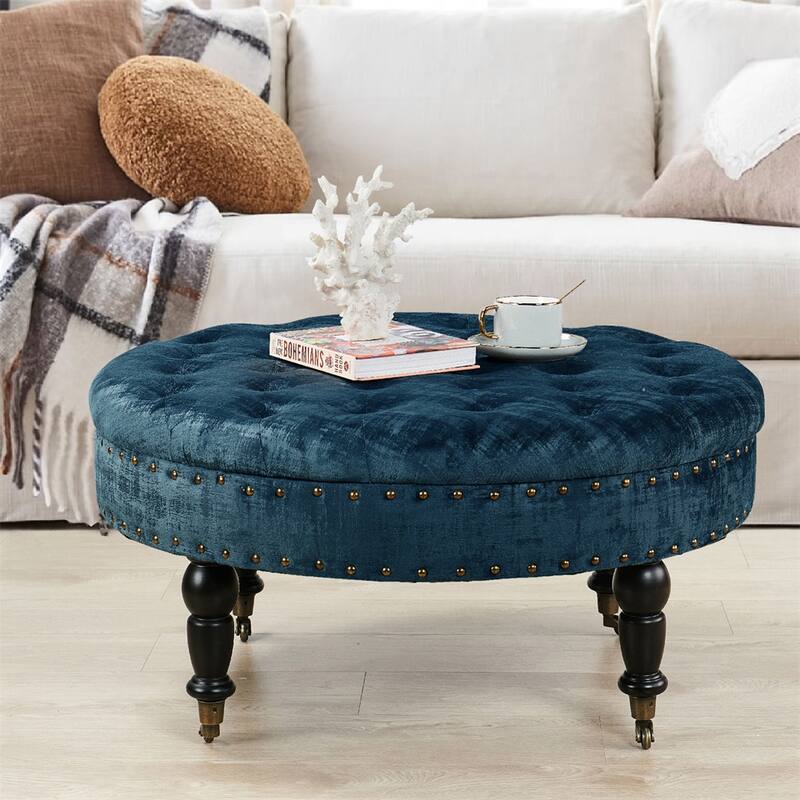 Round Velvet Tufted Coffee Table Ottoman, 34" x 34" x 17" H